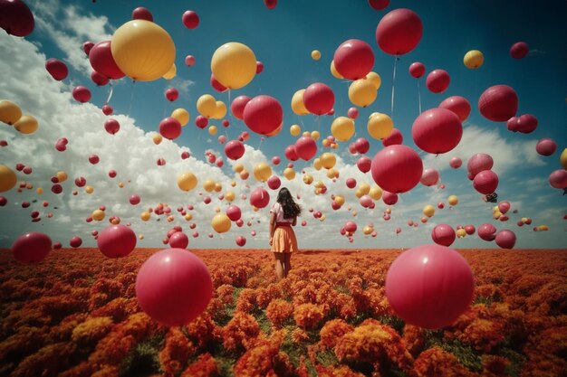 Photo happy surreal landscape with floating balloon and a girl in the middle