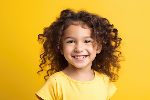 Happy sweet little girl on a yellow background