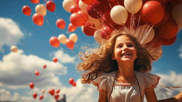 Фото Счастливая милая девочка с газовыми шариками в голубом небе с приятным моментом
