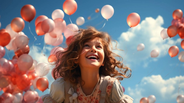 Фото Счастливая милая девочка с газовыми шариками в голубом небе с приятным моментом