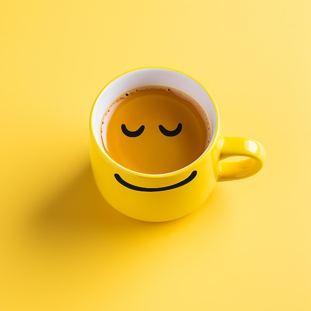 Photo happy tea with face on big yellow cup