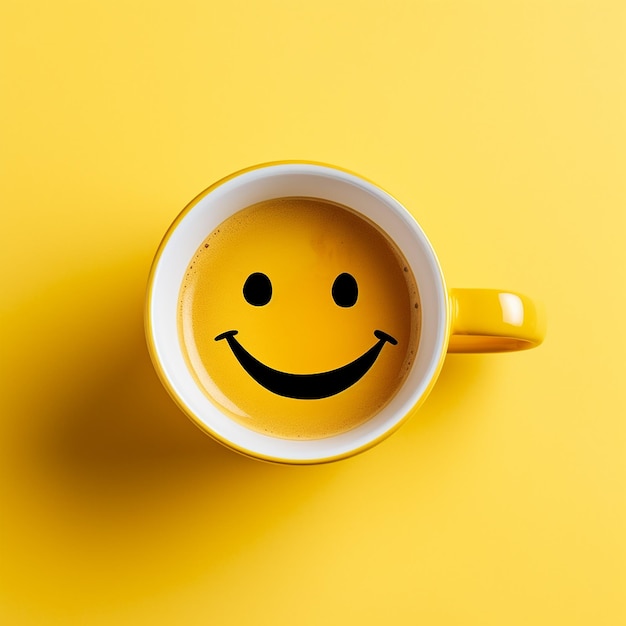 Photo happy tea with face on big yellow cup