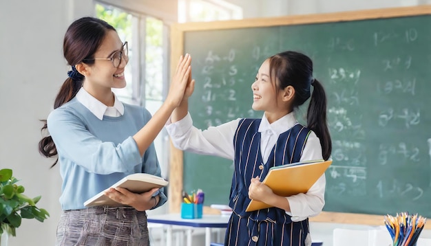사진 happy teacher and schoolgirl giving high five during class at school teachers ai generated