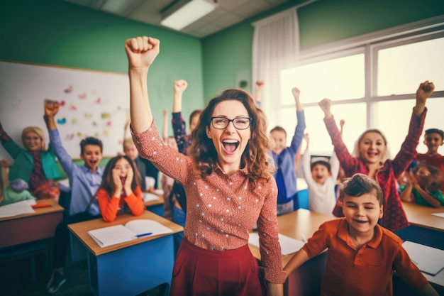 A happy teacher in a colorful classroom surrounded by a group of enthusiastic students eager to learn
