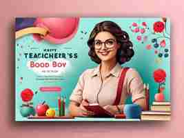 Photo happy teacher day landing page template education and school supplies website interface vector illustration