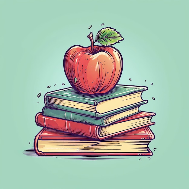 Яблоко с днем учителя на стопке книг