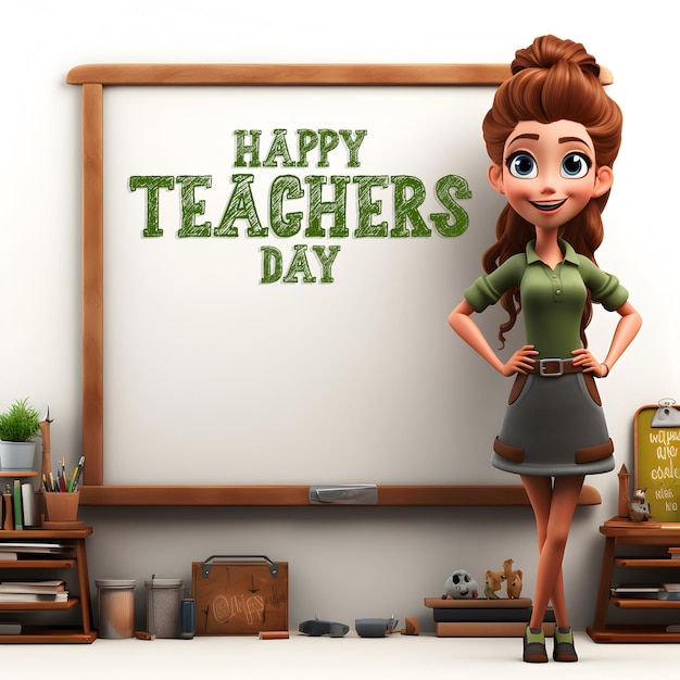 AI가 생성한 교실에 3D 교사 캐릭터가 포함된 행복한 스승의 날 배너 또는 포스터 사진