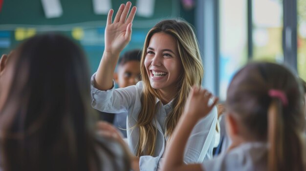 Photo happy teacher and schoolgirl giving high five during class at school