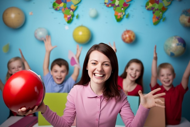 Happy teacher with kids student background