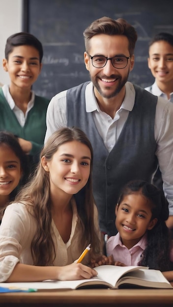 Happy teacher with students background