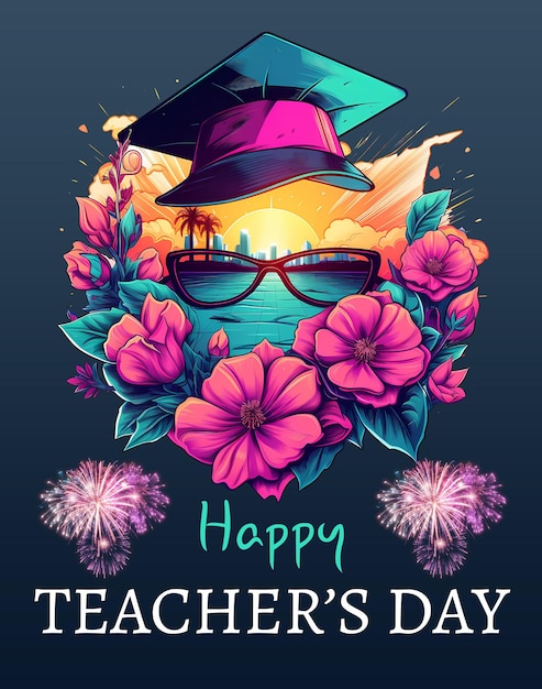 Фото Счастливый день учителей графики с цветами стекла и выпускной шляпы