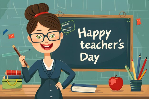 Happy teachers day greeting card with teacher in classroom