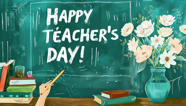 Фото Счастливого дня учителей на зеленой доске