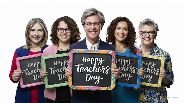 HAPPY TEACHERS DAY groep leraren met een banier gelukkige leraren dag Generatieve ai