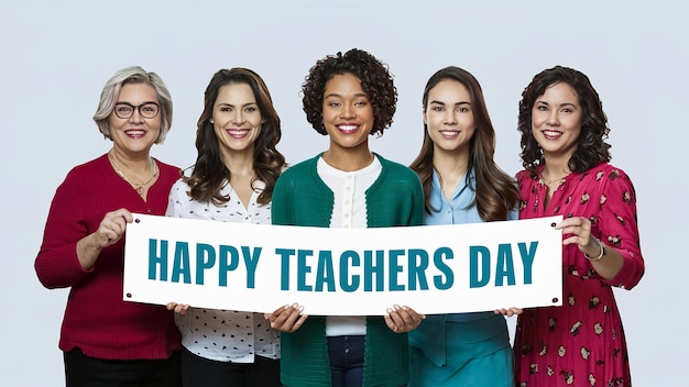 HAPPY TEACHERS DAY groep leraren met een banier gelukkige leraren dag Generatieve ai