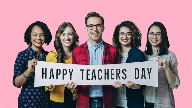 HAPPY TEACHERS DAY groep leraren met een banier gelukkige leraren dag Generatieve ai