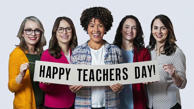 HAPPY TEACHERS DAY group of teachers holding banner happy teachers day Generative ai