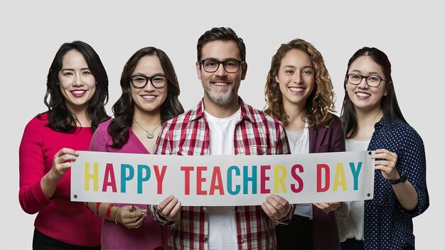 HAPPY TEACHERS DAY group of teachers holding banner happy teachers day Generative ai