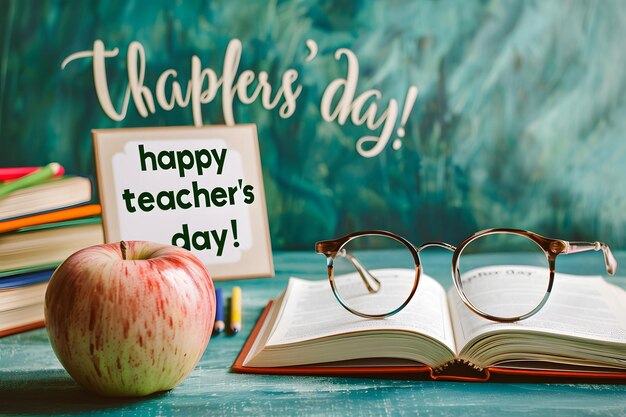 Happy Teachers Day text on a white paper with school supplies on a green wooden background