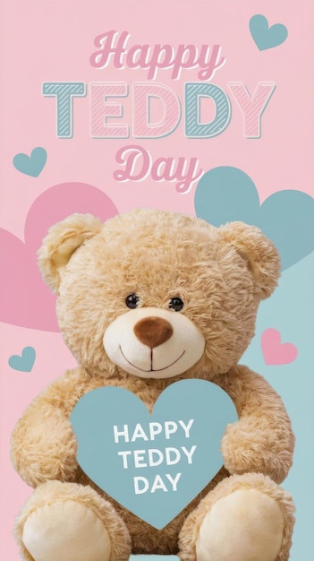 happy teddy day greeting card background with cute teddy bear heart shape love symbols romantic