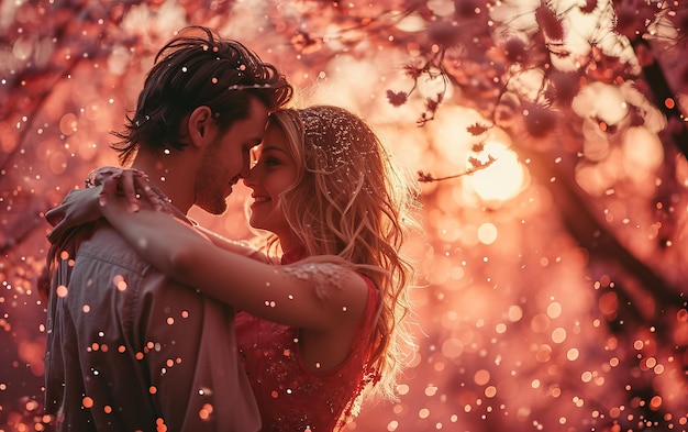 Happy teen couple embracing on pink background