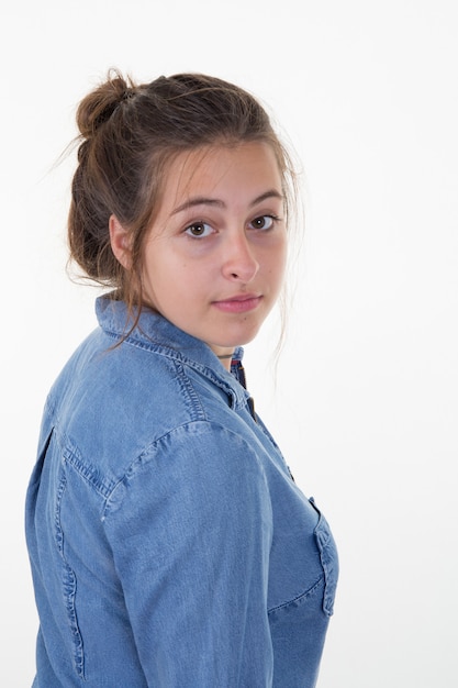 Happy teen girl half length portrait isolated on white