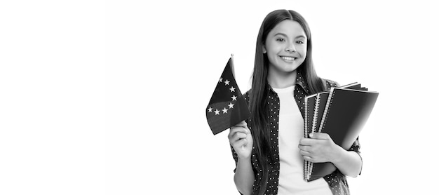 Happy teen girl hold european union flag and workbook schengen countries Banner of schoolgirl student School child pupil portrait with copy space