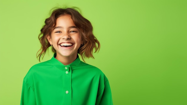 Foto ragazza adolescente felice che sorride e ride indossando vestiti verdi brillanti su uno sfondo solido verde brillante