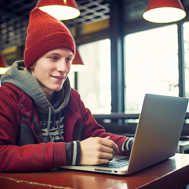 Happy teenage boy with laptop computer at cafe