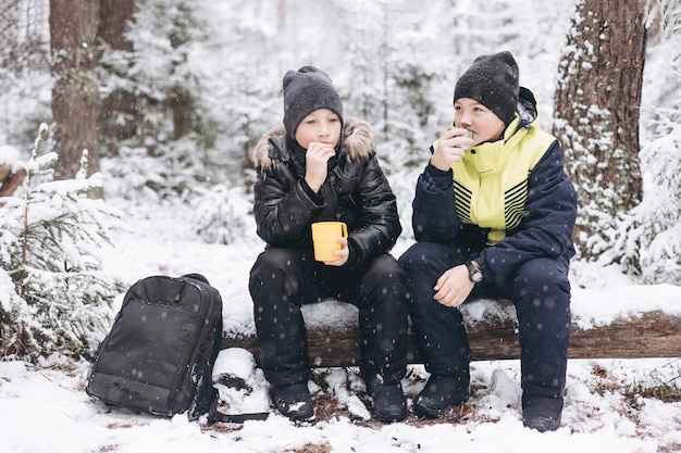 魔法瓶からお茶を飲み、冬の雪に覆われた森の丸太に一緒に座って話している幸せな10代の少年。寒い季節には温かい飲み物。冬の屋外でピクニックをしている子供たち。地元の旅行。