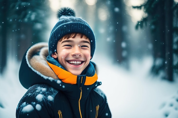 Счастливый мальчик-подросток смотрит, как снег падает в зимнем лесу. Ребенок веселится на свежем воздухе