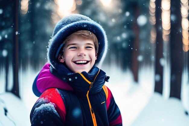 Happy teenager boy looking snow falling down in winter forest Child having fun outdoors