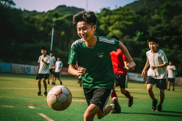 낮 동안 야외에서 축구를 하는 행복한 십대 들