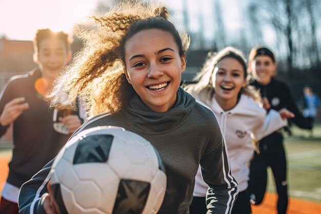 幸せなティーンエイジャーは昼間外でサッカーをしています