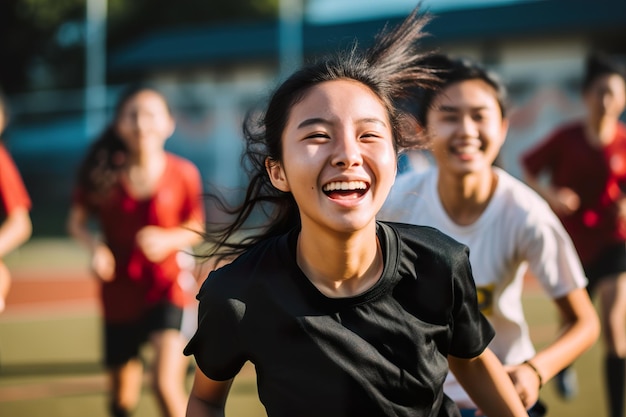 Happy teenagers playing soccer outdoors during daytime generative ai