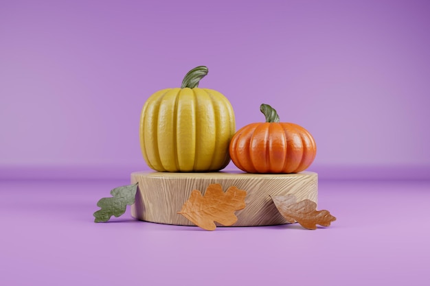 Happy thahksgiving day gele en oranje pompoenen met eikenbladeren op houten podium 3d render