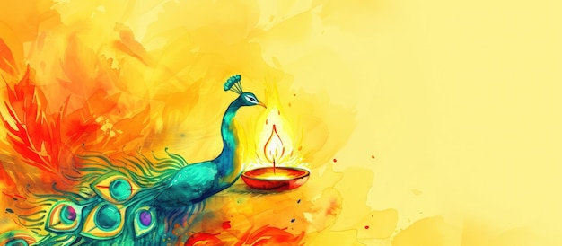 Happy Thaipusam day template with diya lamp and peacock feathers on yellow backgroundGenerated AI