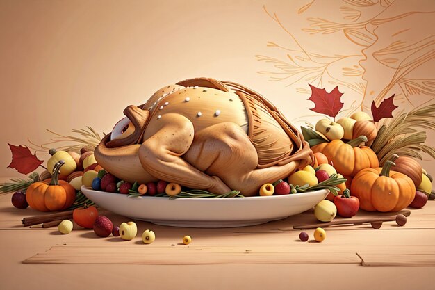 Happy Thanksgiving-achtergrond met kalkoenpompoen en typische Thanksgiving-gerechten AI gegenereerd