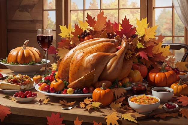 Happy Thanksgiving-achtergrond met kalkoenpompoen en typische Thanksgiving-gerechten AI gegenereerd