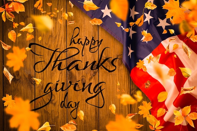 Photo happy thanksgiving. american flag on brown background