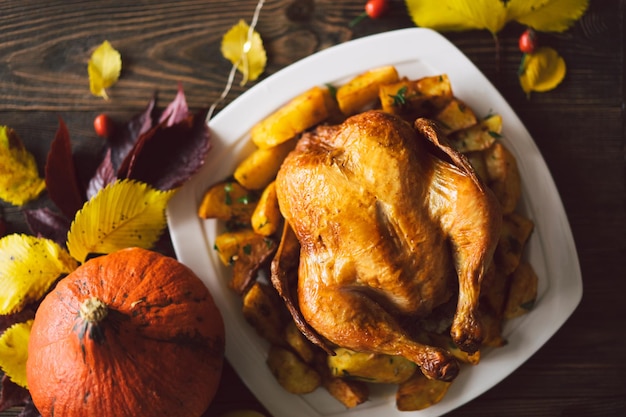 Happy thanksgiving autumn composition with leaves ripe pumpkin\
and thanksgiving turkey on a dark wooden table top view