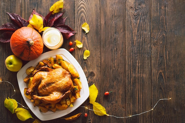 Happy thanksgiving composizione autunnale con foglie di zucca matura e tacchino del ringraziamento su un tavolo di legno scuro vista dall'alto