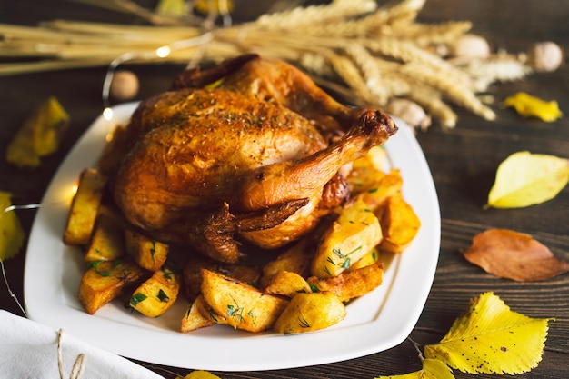 Happy thanksgiving autumn composition with leaves ripe pumpkin\
and thanksgiving turkey on a dark wooden table top view