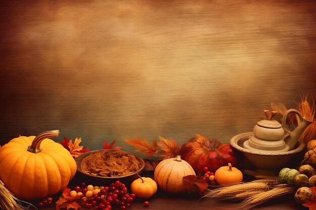 Happy thanksgiving background with autumn vegetables and colorful leaves vector