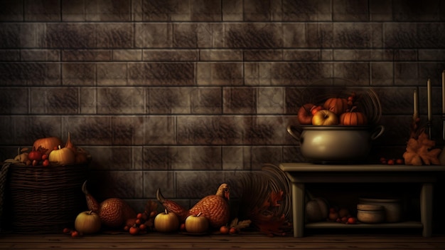 Photo happy thanksgiving background with autumn vegetables and colorful leaves vector