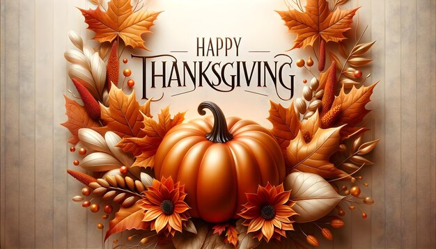 Happy Thanksgiving background with pumpkin and text Happy Thanksgiving festive background
