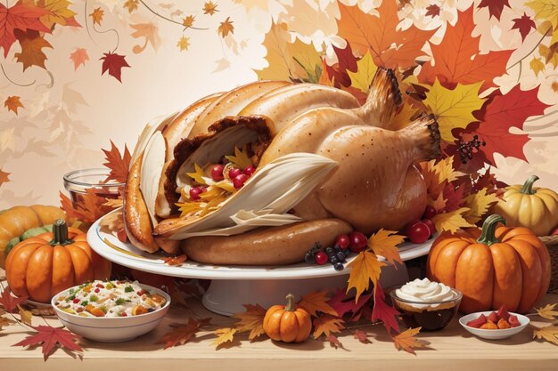 happy thanksgiving background with turkey pumpkin and typical thanksgiving dishes AI generated