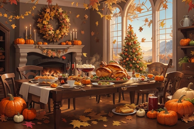 happy thanksgiving background with turkey pumpkin and typical thanksgiving dishes AI generated