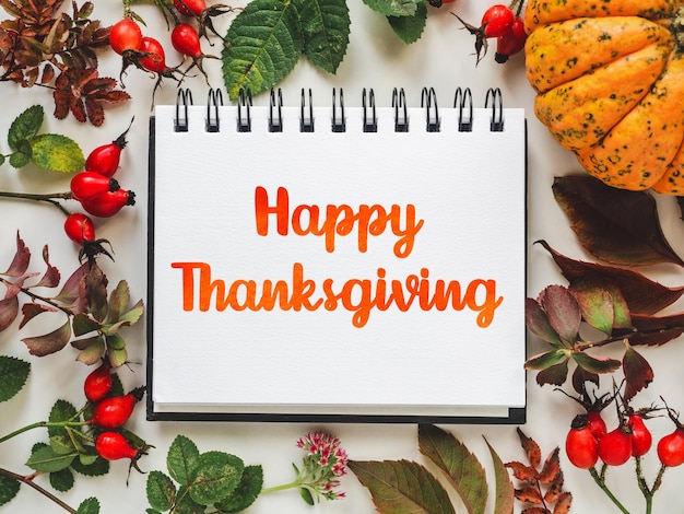Happy Thanksgiving Bright pumpkins tree leaves red berries and colorful flowers lying on an empty table Closeup view from above Congratulations for loved ones relatives friends and colleagues