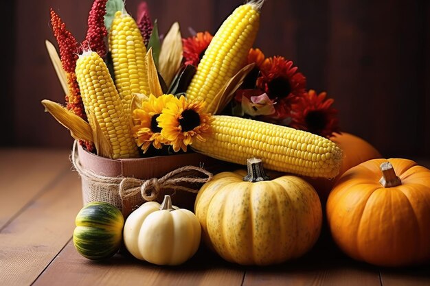 写真 ハッピー感謝祭の日の背景は,南瓜,トウモロコシ,果物,秋で飾られた木製のテーブルです.